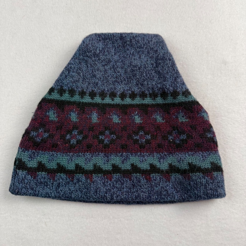 Vintage Wool Fair Isle Beanie Blue Burgundy‎ Geometric Knit Hat Made in USA